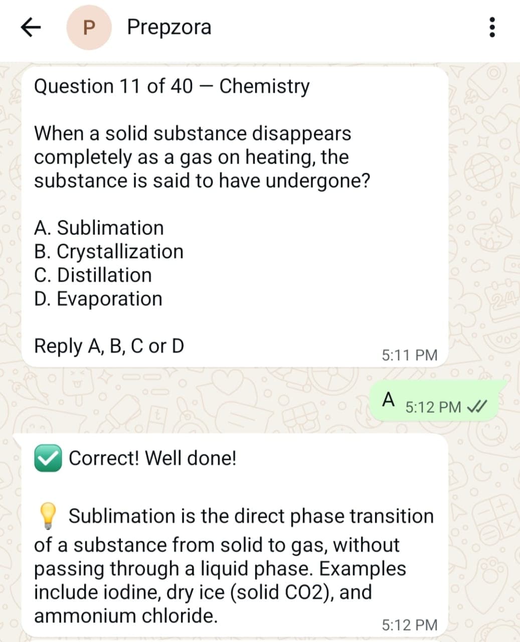 WAEC Practice Coach quiz in action on WhatsApp